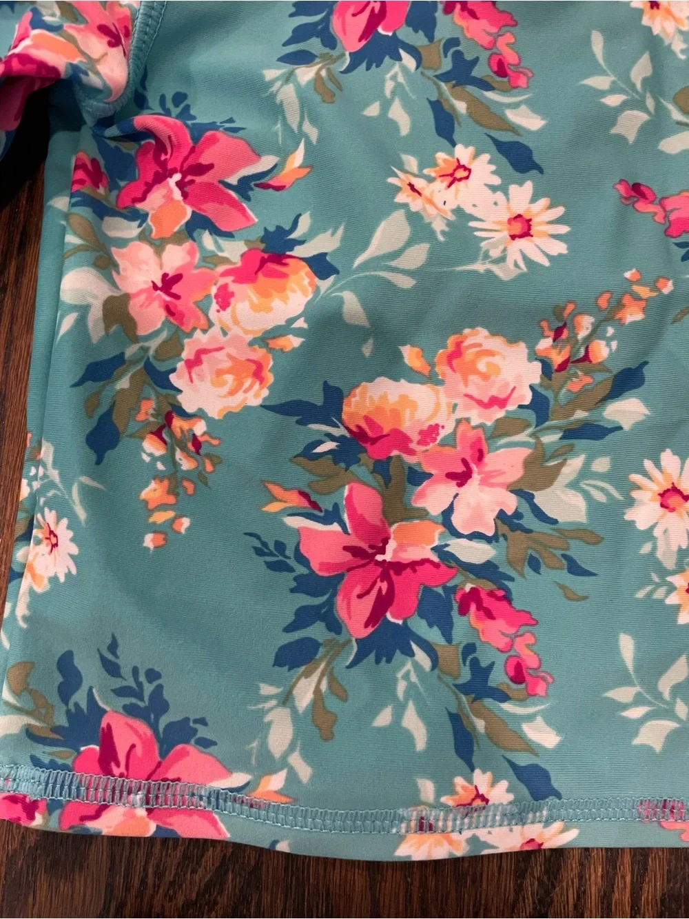 Ruffle Butts Aqua Floral Long-Sleeve Rashguard Set with Pink Accents